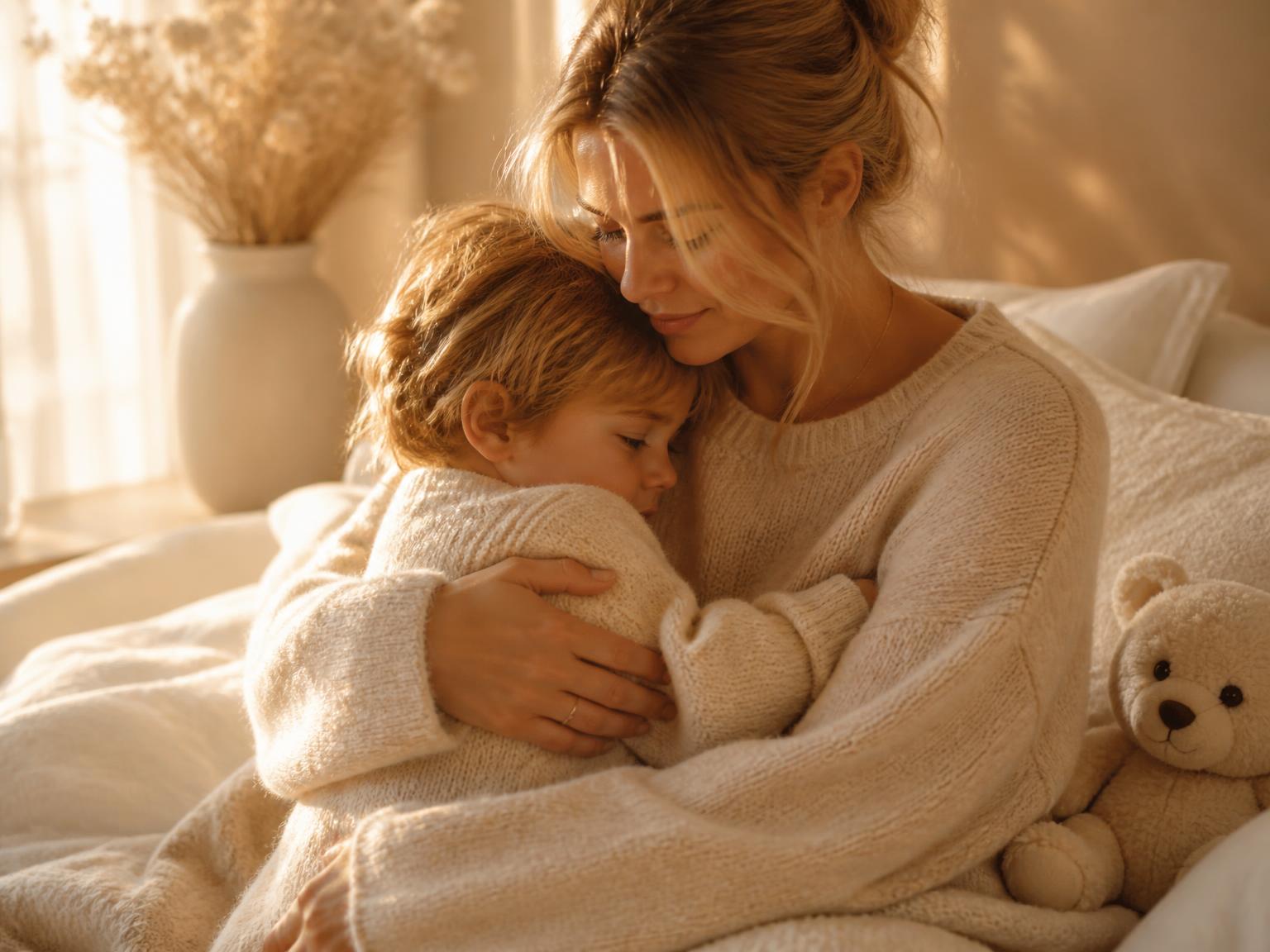 A mother holding her young child close in a sunlit bedroom, a cream teddy bear beside them